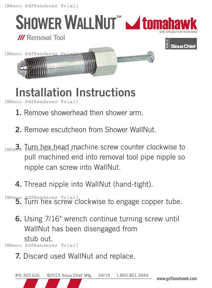 307-616 - SHOWER WALLNUT REMOVAL TOOL - INSTRUCTION SHEET.PDF Technical Document